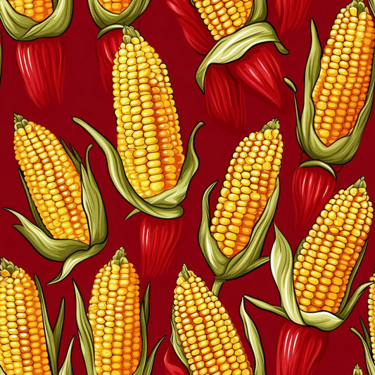 sweet corn, corn cobs, yellow kernels, golden yellow, red background, crimson red, green husks, vegetable pattern, food motif, harvest theme, autumn colors, seamless repeat, quilting cotton, fabric panel, realistic illustration, farm fresh, agricultural design, corn on the cob, vibrant colors, kitchen theme