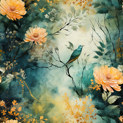 tropical bird, orange flowers, teal background, watercolor style, hummingbird, peach blooms, sage green, golden accents, botanical design, nature scene, quilting cotton, fabric panel, autumn colors, floral motif, dreamy atmosphere, layered petals, branch perch, artistic illustration, soft pastels, organic shapes