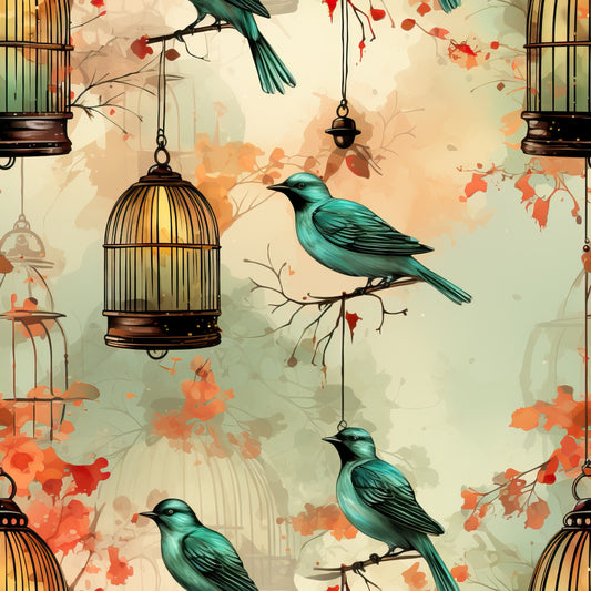 teal birds, vintage birdcages, autumn leaves, coral orange, turquoise, brass cages, hanging lanterns, tree branches, watercolor style, quilting cotton, fabric panel, fall foliage, ornate cages, perched birds, warm tones, whimsical design, nature motifs, decorative chains