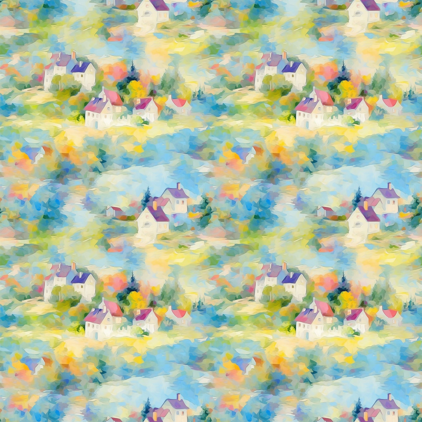 monet inspired, impressionist style, village houses, cottage scene, watercolor effect, pastel colors, soft blues, gentle yellows, lavender purple, sage green, peachy pink, dreamy atmosphere, artistic brushstrokes, quilting cotton, fabric panel, repeating pattern, countryside landscape, whimsical buildings, painterly texture, serene mood