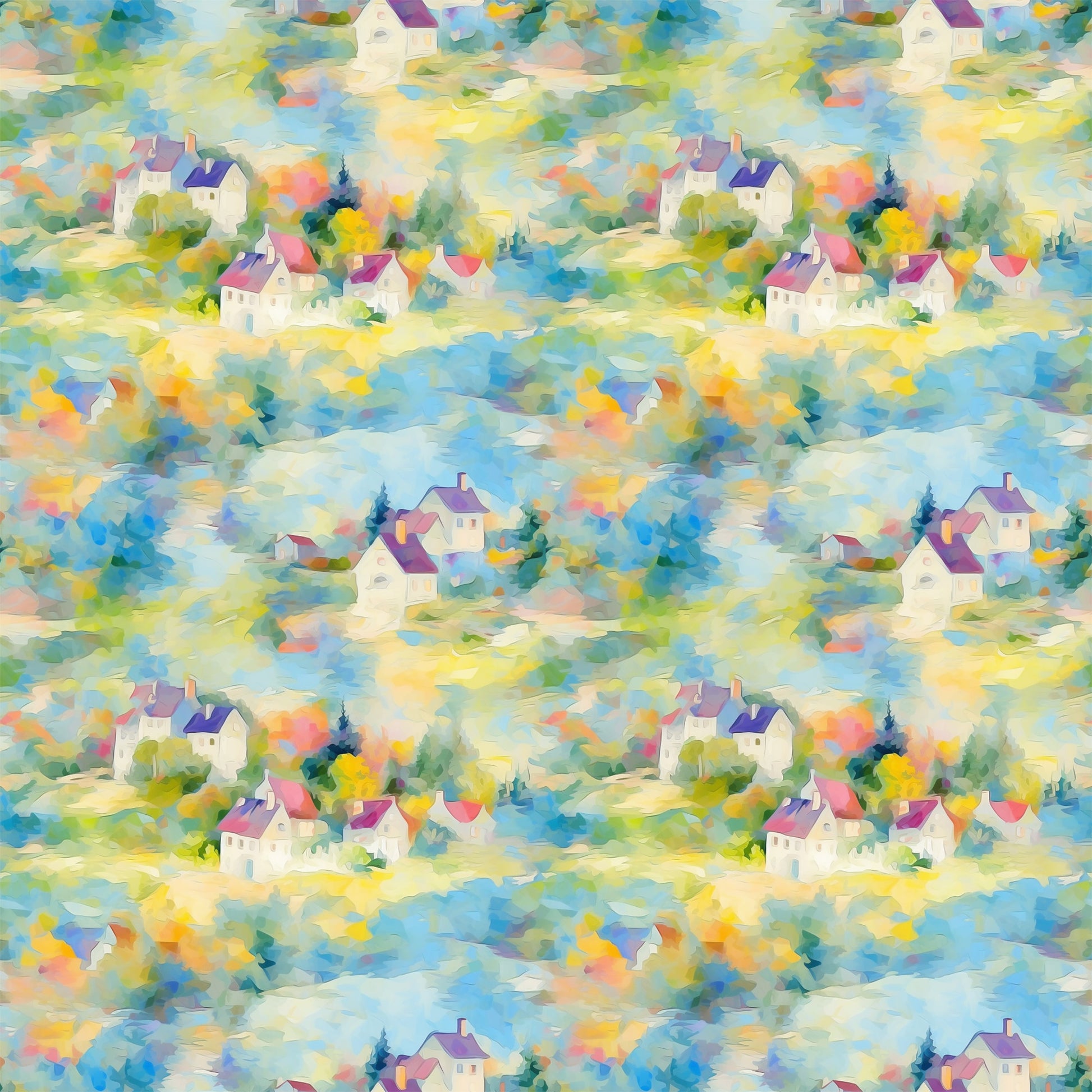 monet inspired, impressionist style, village houses, cottage scene, watercolor effect, pastel colors, soft blues, gentle yellows, lavender purple, sage green, peachy pink, dreamy atmosphere, artistic brushstrokes, quilting cotton, fabric panel, repeating pattern, countryside landscape, whimsical buildings, painterly texture, serene mood