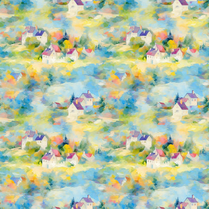monet inspired, impressionist style, village houses, cottage scene, watercolor effect, pastel colors, soft blues, gentle yellows, lavender purple, sage green, peachy pink, dreamy atmosphere, artistic brushstrokes, quilting cotton, fabric panel, repeating pattern, countryside landscape, whimsical buildings, painterly texture, serene mood