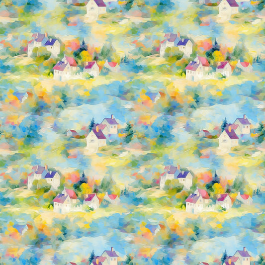 monet inspired, impressionist style, village houses, cottage scene, watercolor effect, pastel colors, soft blues, gentle yellows, lavender purple, sage green, peachy pink, dreamy atmosphere, artistic brushstrokes, quilting cotton, fabric panel, repeating pattern, countryside landscape, whimsical buildings, painterly texture, serene mood