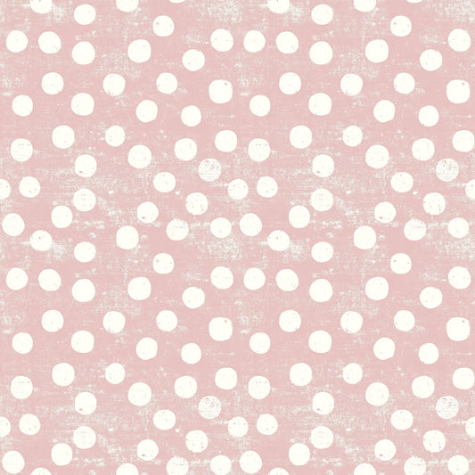 vintage pink, dusty rose, cream white, polka dots, circular patterns, distressed texture, weathered finish, quilting cotton, fabric panel, retro style, shabby chic, feminine design, soft pastels, geometric circles, vintage aesthetic, crafting material, sewing fabric, nursery theme, romantic mood