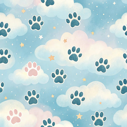 dog paws, paw prints, sky blue, soft pink, cream white, golden stars, fluffy clouds, dreamy pattern, whimsical design, pastel colors, quilting cotton, fabric panel, pet themed, celestial elements, gentle mood, nursery decor, scattered motifs, playful design, soft textures, animal prints