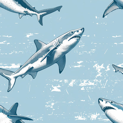 light blue, powder blue, white, sharks, marine animals, ocean creatures, swimming sharks, distressed texture, vintage style, weathered look, nautical theme, sea life, predator fish, repeating pattern, quilting cotton, fabric panel, ocean themed, aquatic design, sketched illustration, monochromatic