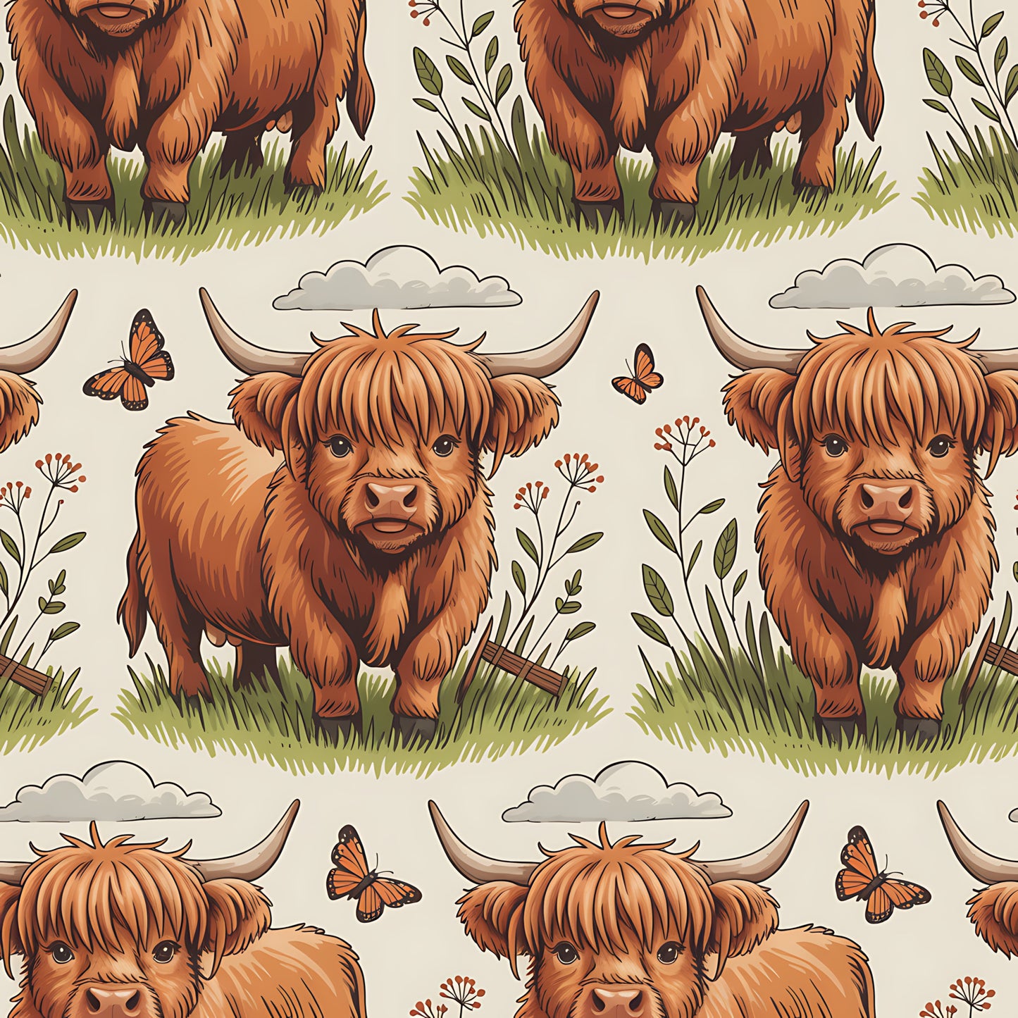 Cartoon Highland Cows Pattern 20 Quilting Cotton Fabric