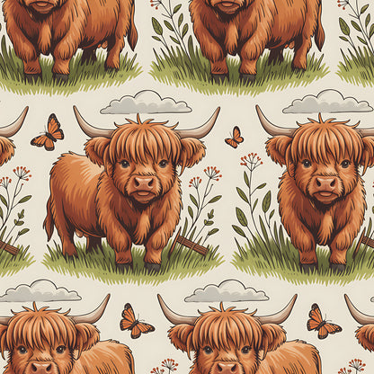 Cartoon Highland Cows Pattern 20 Quilting Cotton Fabric