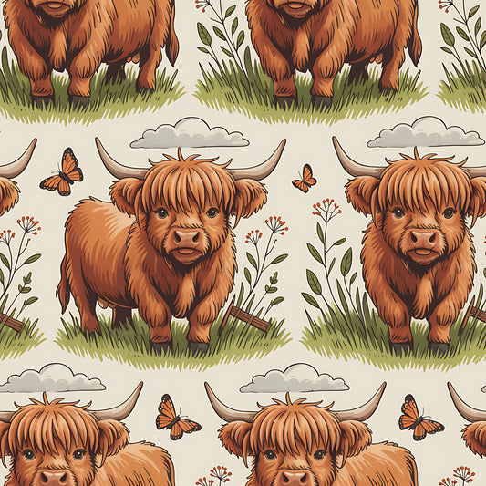 Cartoon Highland Cows Pattern 20 Quilting Cotton Fabric