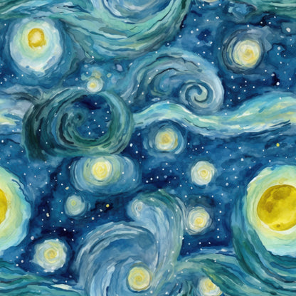 starry night, swirling patterns, celestial design, navy blue, turquoise, yellow stars, white dots, spiral motifs, dreamy sky, nighttime scene, post-impressionist style, van gogh inspired, quilting cotton, fabric panel, cosmic theme, flowing movement, luminous orbs, deep blues, whimsical atmosphere, artistic print