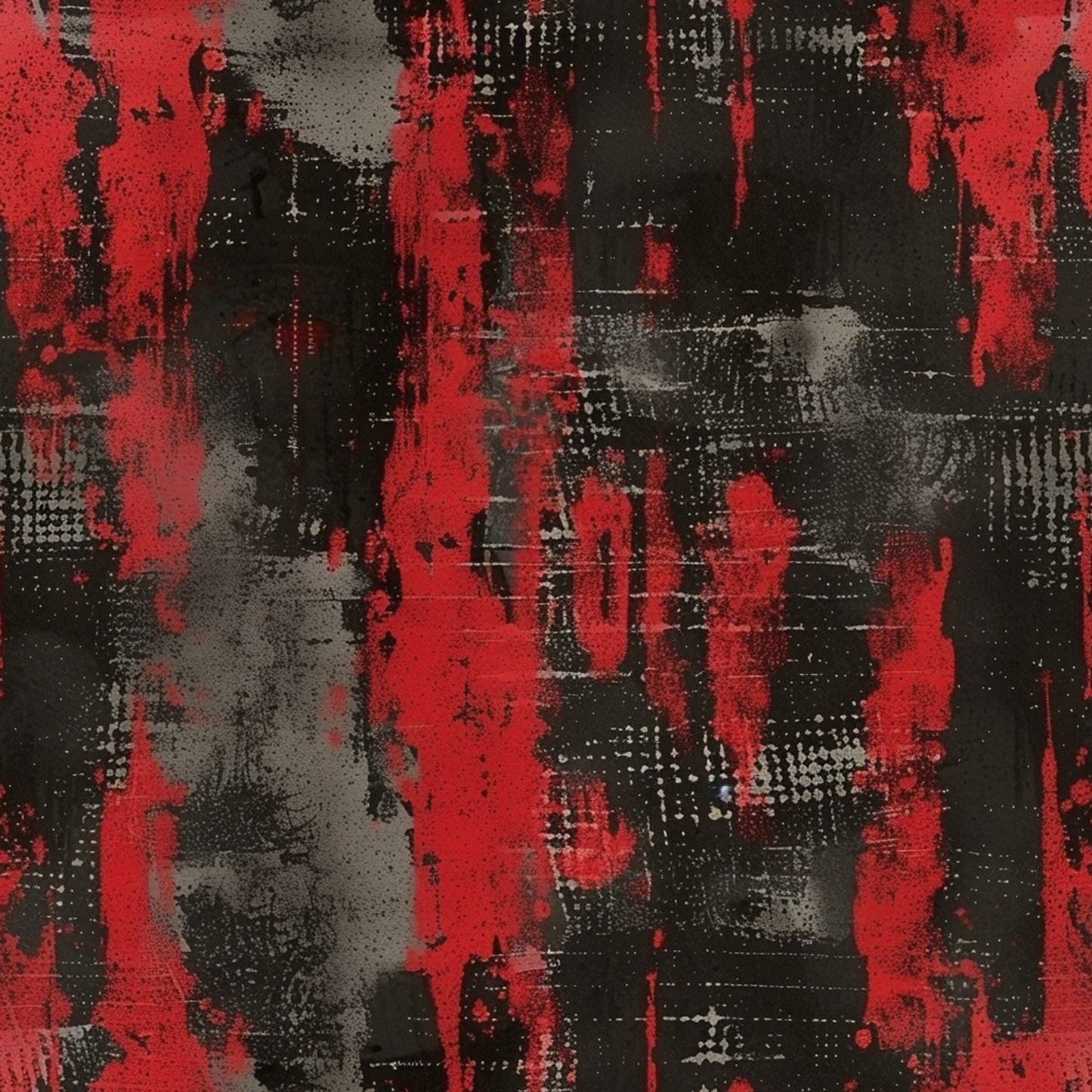 red, black, gray, grunge pattern, distressed texture, abstract design, urban style, weathered look, splattered paint, industrial aesthetic, quilting cotton, fabric panel, edgy mood, contemporary art, textured surface, paint drips, gritty texture, modern design, artistic pattern, dark palette