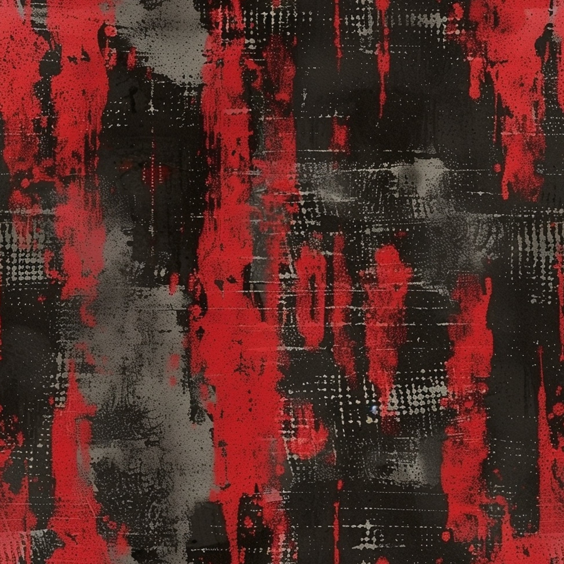 red, black, gray, grunge pattern, distressed texture, abstract design, urban style, weathered look, splattered paint, industrial aesthetic, quilting cotton, fabric panel, edgy mood, contemporary art, textured surface, paint drips, gritty texture, modern design, artistic pattern, dark palette