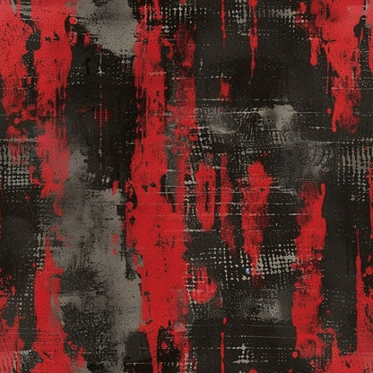 red, black, gray, grunge pattern, distressed texture, abstract design, urban style, weathered look, splattered paint, industrial aesthetic, quilting cotton, fabric panel, edgy mood, contemporary art, textured surface, paint drips, gritty texture, modern design, artistic pattern, dark palette