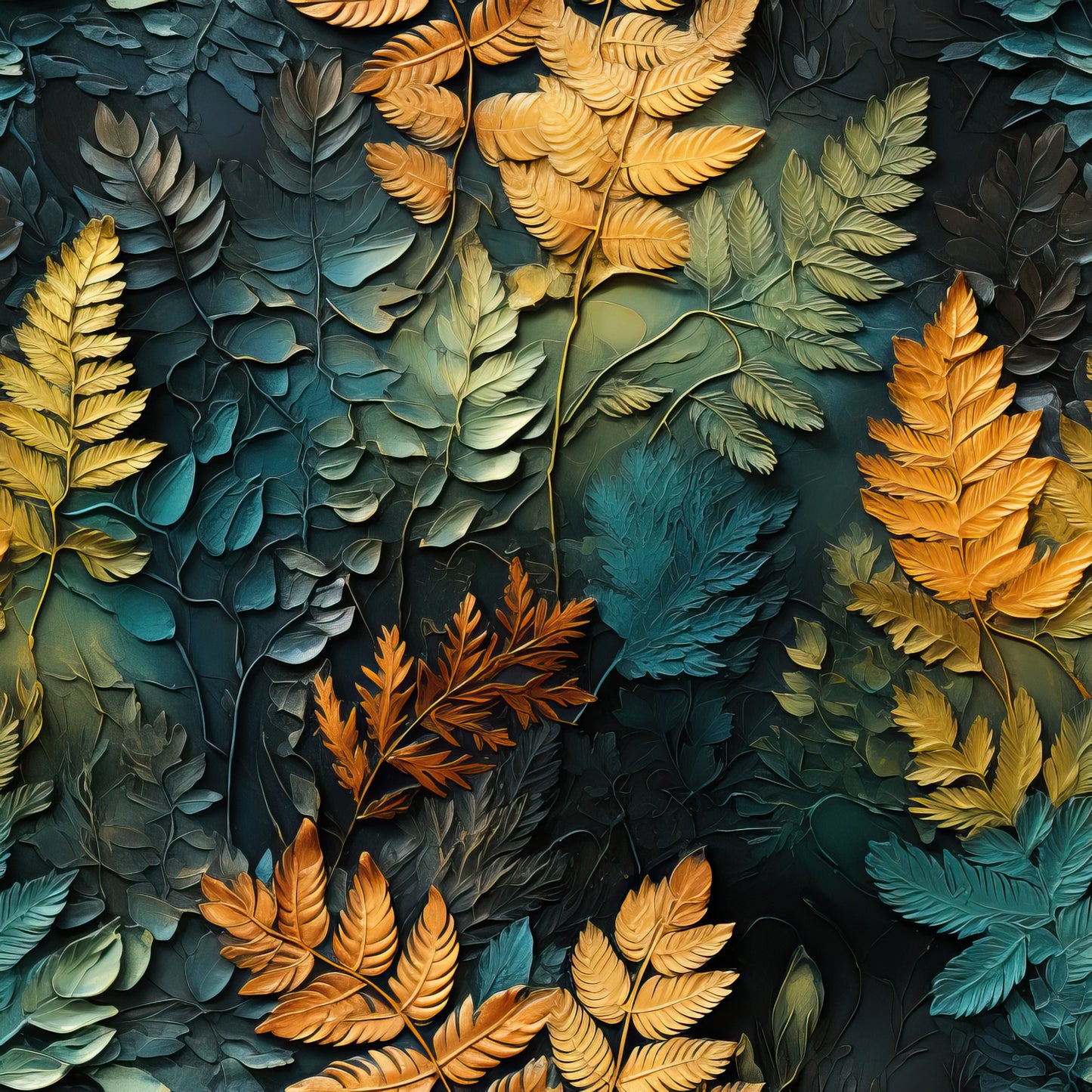 teal, orange, golden yellow, sage green, burnt orange, fern leaves, tropical foliage, botanical pattern, layered leaves, autumn colors, quilting cotton, fabric panel, nature motif, dimensional effect, textured appearance, seasonal transition, warm tones, cool tones, organic shapes, artistic rendering