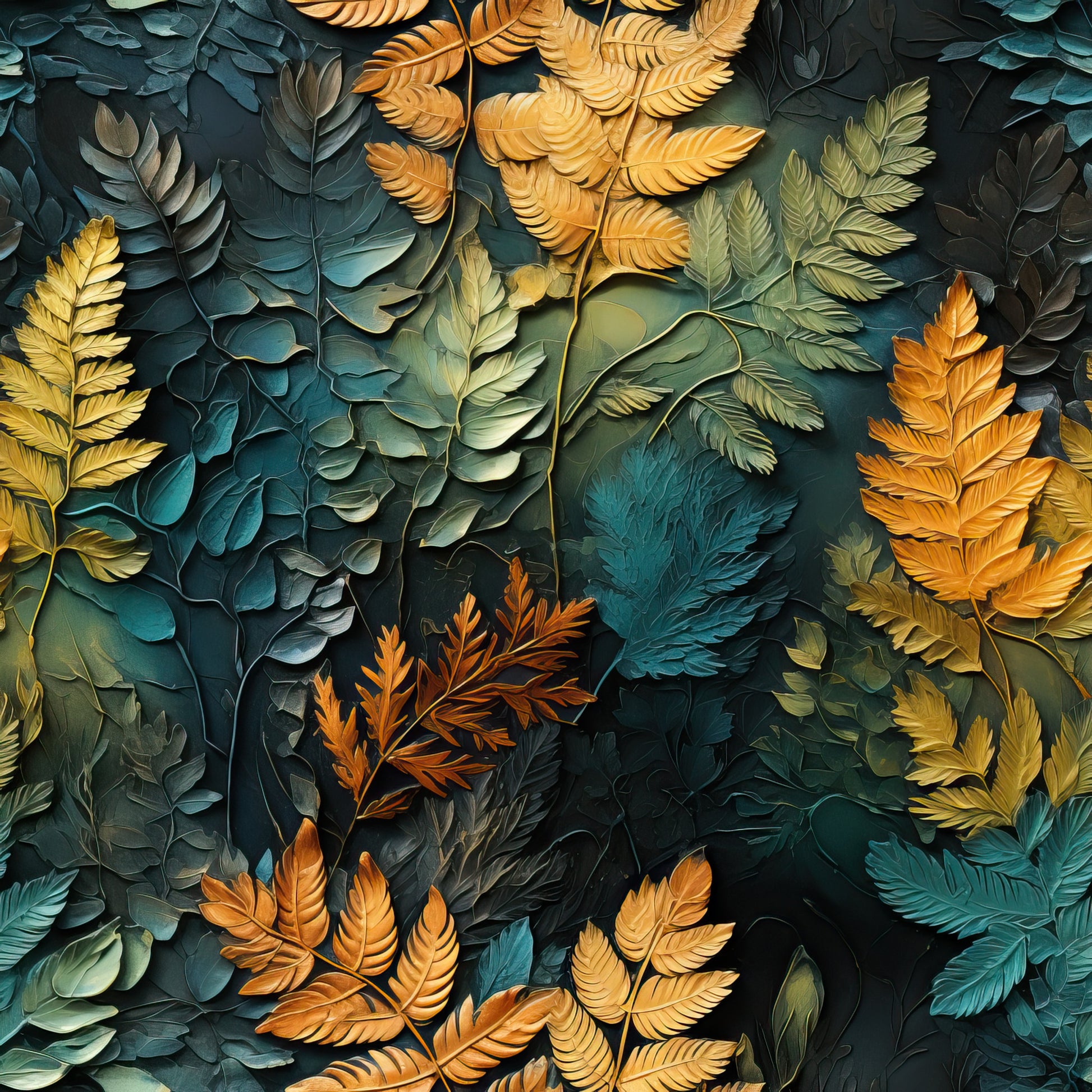 teal, orange, golden yellow, sage green, burnt orange, fern leaves, tropical foliage, botanical pattern, layered leaves, autumn colors, quilting cotton, fabric panel, nature motif, dimensional effect, textured appearance, seasonal transition, warm tones, cool tones, organic shapes, artistic rendering