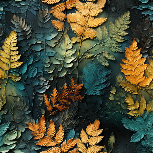 teal, orange, golden yellow, sage green, burnt orange, fern leaves, tropical foliage, botanical pattern, layered leaves, autumn colors, quilting cotton, fabric panel, nature motif, dimensional effect, textured appearance, seasonal transition, warm tones, cool tones, organic shapes, artistic rendering