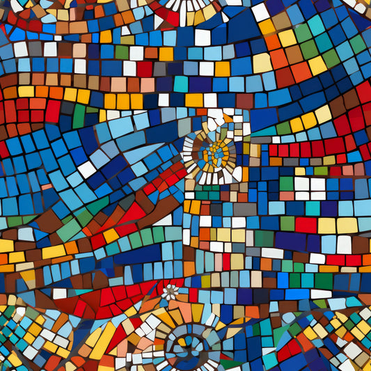 mosaic pattern, geometric design, spiral motifs, blue tiles, red tiles, orange tiles, yellow tiles, white tiles, green tiles, brown tiles, multicolored, tessellation, circular swirls, radiating pattern, abstract art, contemporary style, vibrant colors, quilting cotton, fabric panel, kaleidoscope effect