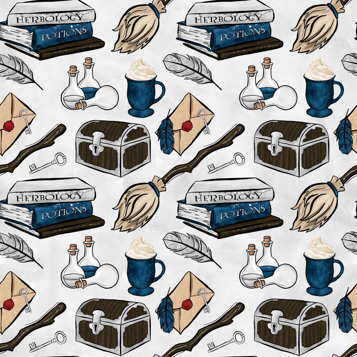 wizard themed, magic school, herbology books, potion bottles, broomsticks, treasure chest, feather quills, wax sealed letters, blue mugs, cotton fabric, quilting panel, fantasy pattern, magical elements, brown chest, blue accents, beige background, witchcraft supplies, spell books, mystical items, repeating motifs