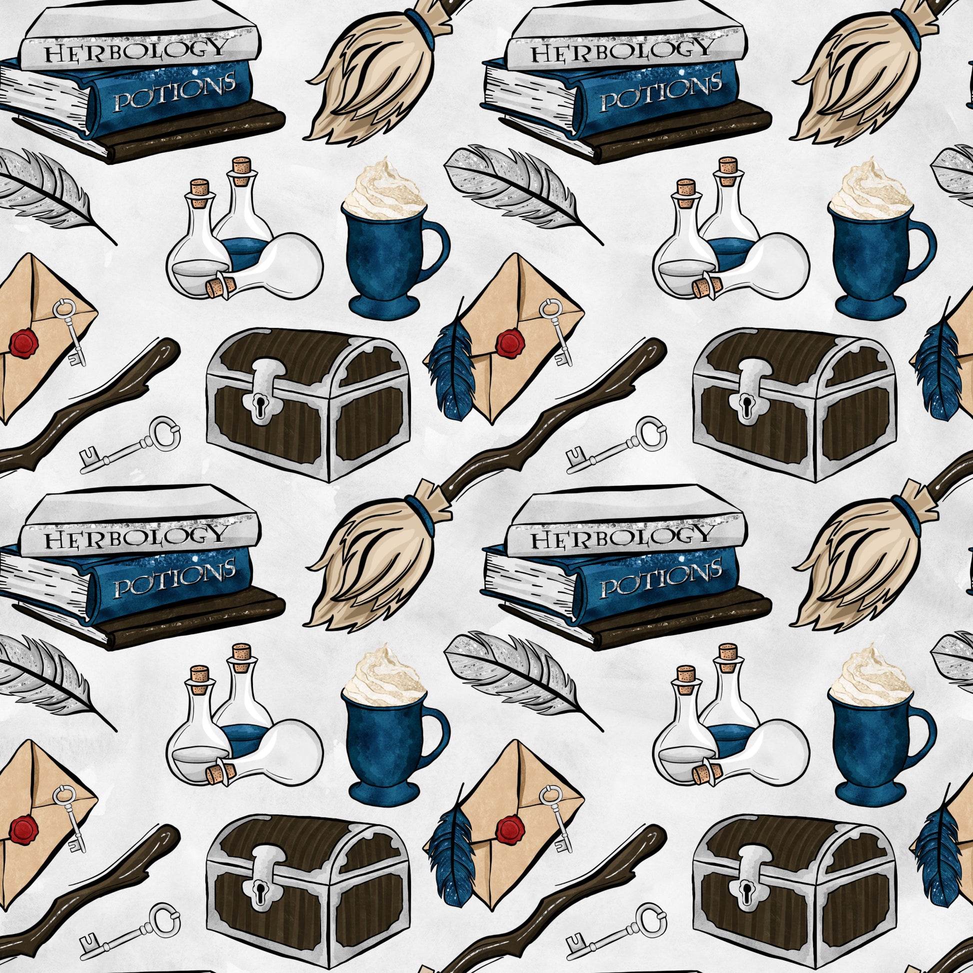 wizard themed, magic school, herbology books, potion bottles, broomsticks, treasure chest, feather quills, wax sealed letters, blue mugs, cotton fabric, quilting panel, fantasy pattern, magical elements, brown chest, blue accents, beige background, witchcraft supplies, spell books, mystical items, repeating motifs