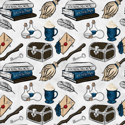 wizard themed, magic school, herbology books, potion bottles, broomsticks, treasure chest, feather quills, wax sealed letters, blue mugs, cotton fabric, quilting panel, fantasy pattern, magical elements, brown chest, blue accents, beige background, witchcraft supplies, spell books, mystical items, repeating motifs