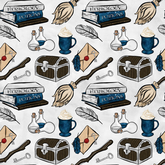 wizard themed, magic school, herbology books, potion bottles, broomsticks, treasure chest, feather quills, wax sealed letters, blue mugs, cotton fabric, quilting panel, fantasy pattern, magical elements, brown chest, blue accents, beige background, witchcraft supplies, spell books, mystical items, repeating motifs