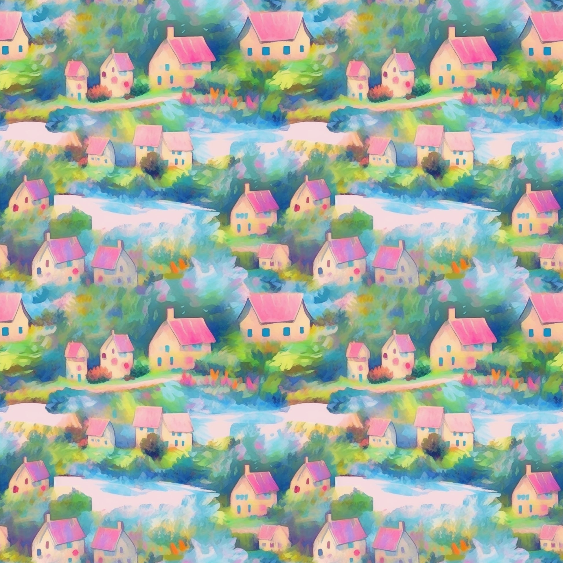 impressionist style, watercolor houses, pink roofs, blue windows, pastel colors, village scene, cottages, green foliage, soft brushstrokes, dreamy landscape, quilting cotton, fabric panel, artistic pattern, peaceful village, colorful homes, garden flowers, whimsical houses, monet inspired, painterly effect, repeating motif