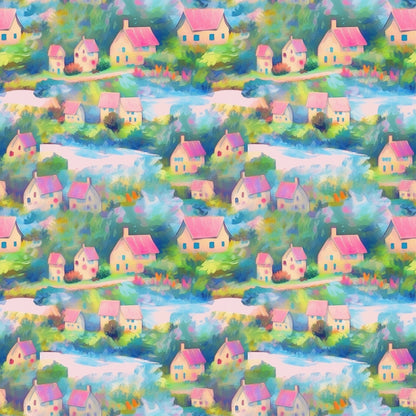 impressionist style, watercolor houses, pink roofs, blue windows, pastel colors, village scene, cottages, green foliage, soft brushstrokes, dreamy landscape, quilting cotton, fabric panel, artistic pattern, peaceful village, colorful homes, garden flowers, whimsical houses, monet inspired, painterly effect, repeating motif