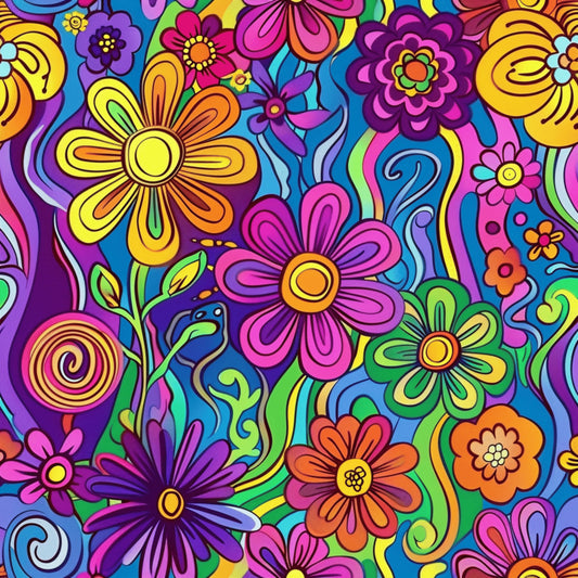 rainbow colors, psychedelic flowers, hippie style, retro pattern, vibrant purple, hot pink, electric blue, bright yellow, orange blooms, groovy swirls, 1960s inspired, flower power, kaleidoscope design, quilting cotton, fabric panel, bohemian motif, colorful daisies, peace era, summer vibes