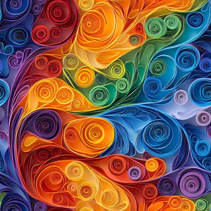 abstract art, paper quilling, swirls, spirals, vibrant colors, rainbow spectrum, red, orange, yellow, green, blue, purple, flowing curves, dimensional design, colorful swirls, quilting cotton, fabric panel, modern art, geometric patterns, bright colors