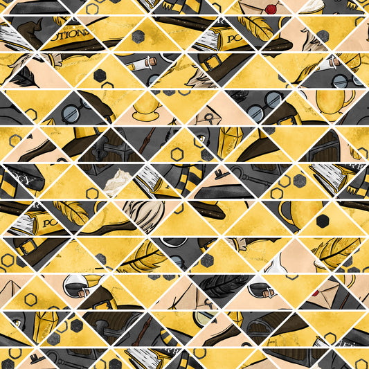 mustard yellow, charcoal gray, peach, diamond pattern, geometric layout, wizard theme, magical elements, feathers, hexagons, potion bottles, wizard hats, spell books, mystical objects, fantasy motifs, quilting cotton, fabric panel, whimsical illustration, magical school, enchanted items, occult symbols