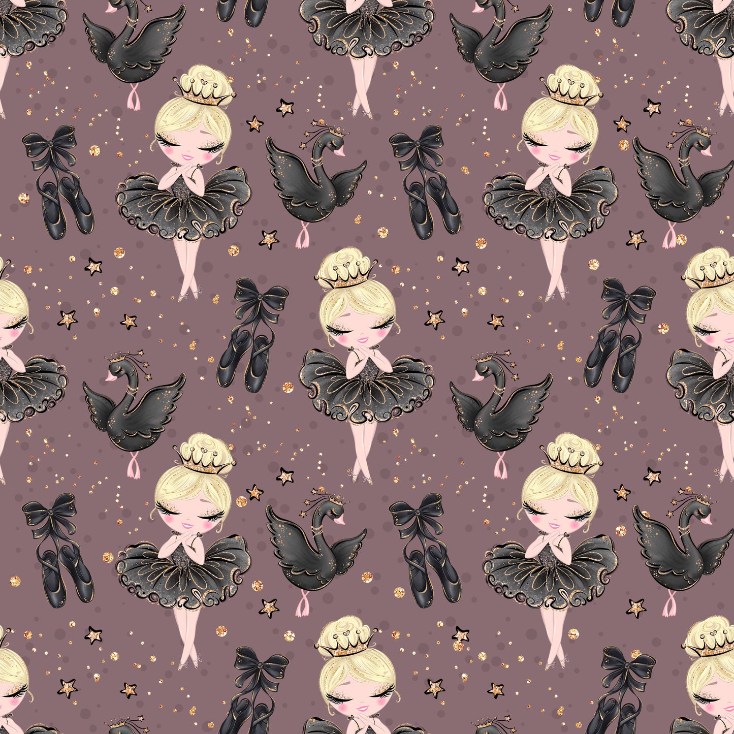 mauve background, blonde ballerina, black tutu, ballet shoes, swan motif, gold stars, crown tiara, ribbon bow, whimsical illustration, cute character, dance theme, elegant pattern, quilting cotton, fabric panel, soft pastels, repeating design, children's fabric, nursery decor, graceful pose, sparkle accents