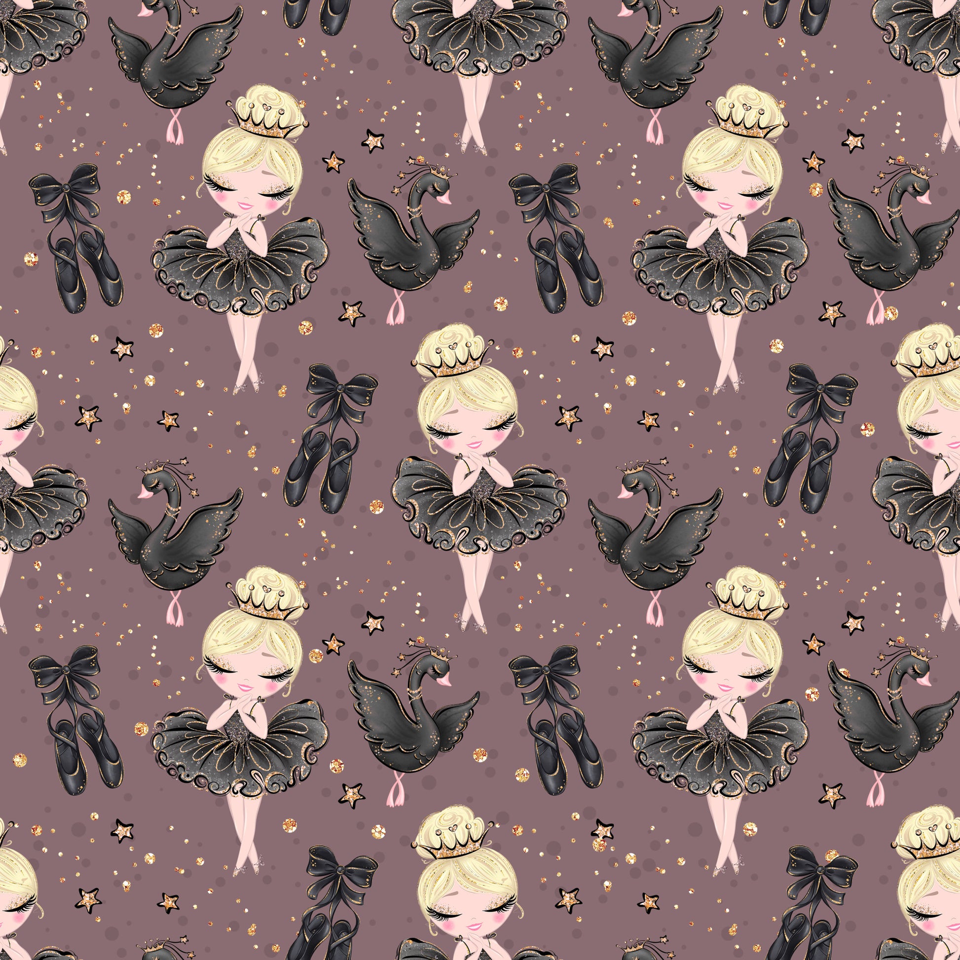 mauve background, blonde ballerina, black tutu, ballet shoes, swan motif, gold stars, crown tiara, ribbon bow, whimsical illustration, cute character, dance theme, elegant pattern, quilting cotton, fabric panel, soft pastels, repeating design, children's fabric, nursery decor, graceful pose, sparkle accents