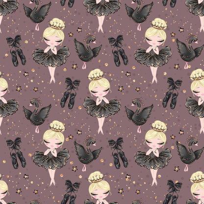 mauve background, blonde ballerina, black tutu, ballet shoes, swan motif, gold stars, crown tiara, ribbon bow, whimsical illustration, cute character, dance theme, elegant pattern, quilting cotton, fabric panel, soft pastels, repeating design, children's fabric, nursery decor, graceful pose, sparkle accents