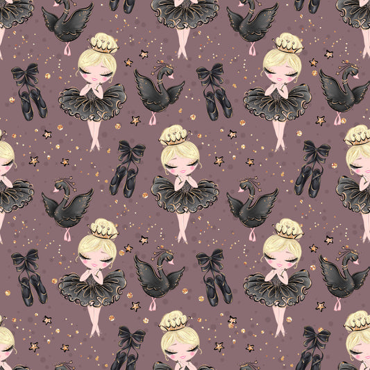 mauve background, blonde ballerina, black tutu, ballet shoes, swan motif, gold stars, crown tiara, ribbon bow, whimsical illustration, cute character, dance theme, elegant pattern, quilting cotton, fabric panel, soft pastels, repeating design, children's fabric, nursery decor, graceful pose, sparkle accents