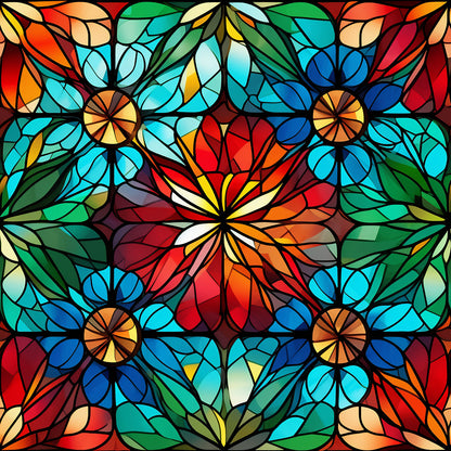 stained glass, kaleidoscope pattern, christmas fabric, quilting cotton, fabric panel, red, orange, blue, green, yellow, turquoise, geometric design, radial symmetry, floral motifs, mosaic style, vibrant colors, festive pattern, decorative glass, church window style, holiday quilting