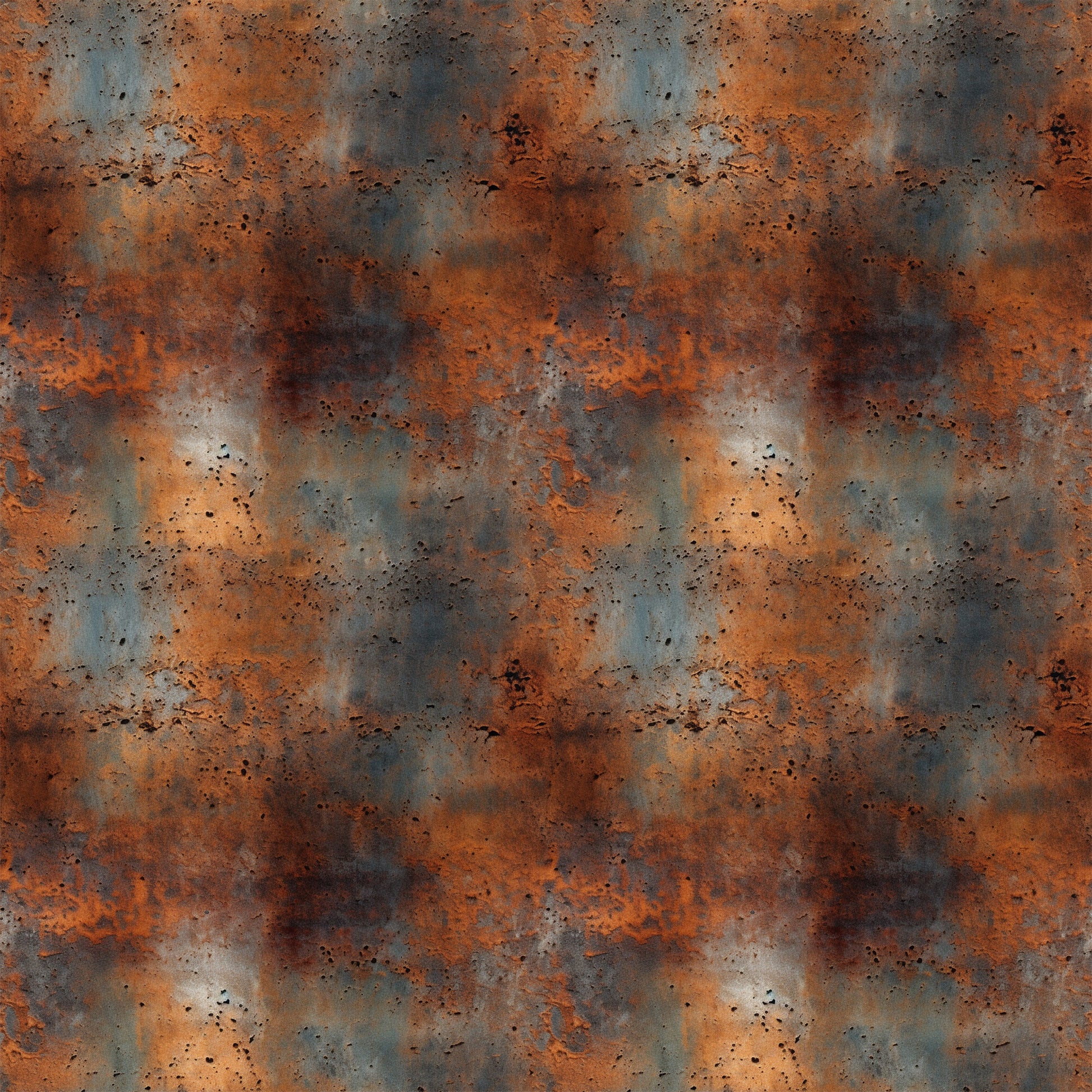 rust texture, orange, brown, gray, weathered metal, corrosion pattern, industrial texture, distressed surface, oxidation, speckled design, aged metal, patina effect, quilting cotton, fabric panel, grunge aesthetic, metallic appearance, worn finish, abstract pattern, earthy tones, textural design
