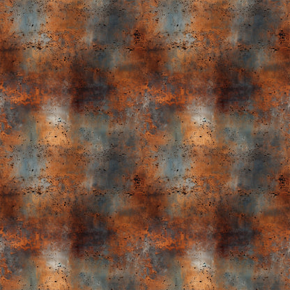 rust texture, orange, brown, gray, weathered metal, corrosion pattern, industrial texture, distressed surface, oxidation, speckled design, aged metal, patina effect, quilting cotton, fabric panel, grunge aesthetic, metallic appearance, worn finish, abstract pattern, earthy tones, textural design