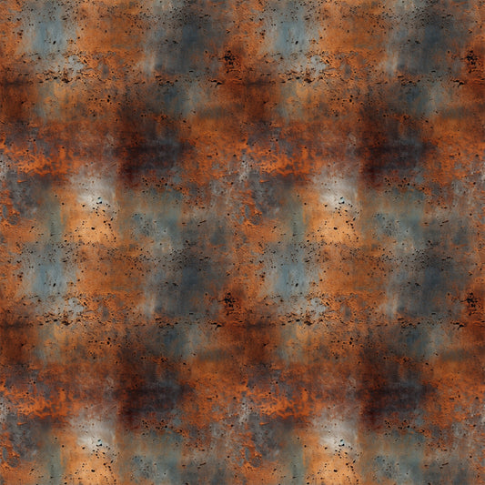 rust texture, orange, brown, gray, weathered metal, corrosion pattern, industrial texture, distressed surface, oxidation, speckled design, aged metal, patina effect, quilting cotton, fabric panel, grunge aesthetic, metallic appearance, worn finish, abstract pattern, earthy tones, textural design