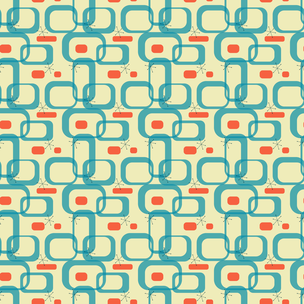 teal, orange, cream, atomic age, mid-century modern, geometric shapes, interlocking chains, starburst motifs, retro pattern, 1950s style, quilting cotton, fabric panel, vintage design, atomic elements, boomerang shapes, rectangular forms, modernist aesthetic, repetitive pattern, coral accents, turquoise blue