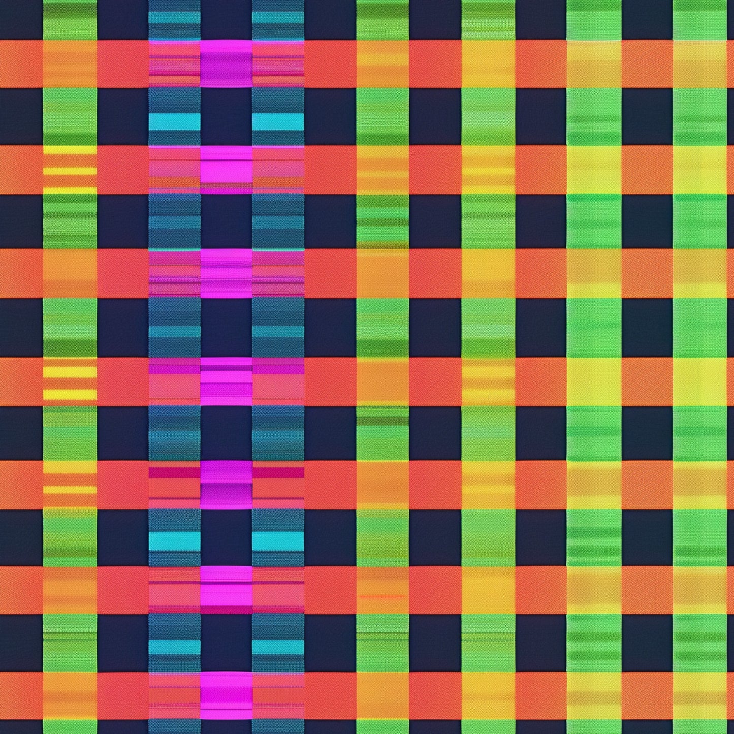 neon colors, bright pink, electric green, cyan blue, orange, yellow, gingham pattern, checkered design, plaid weave, geometric blocks, vibrant hues, fluorescent tones, quilting cotton, fabric panel, retro style, 80s aesthetic, eye-catching, high contrast, colorful squares, woven texture