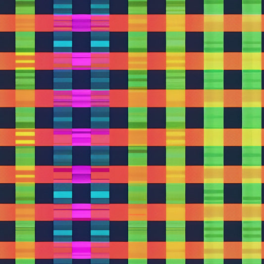neon colors, bright pink, electric green, cyan blue, orange, yellow, gingham pattern, checkered design, plaid weave, geometric blocks, vibrant hues, fluorescent tones, quilting cotton, fabric panel, retro style, 80s aesthetic, eye-catching, high contrast, colorful squares, woven texture
