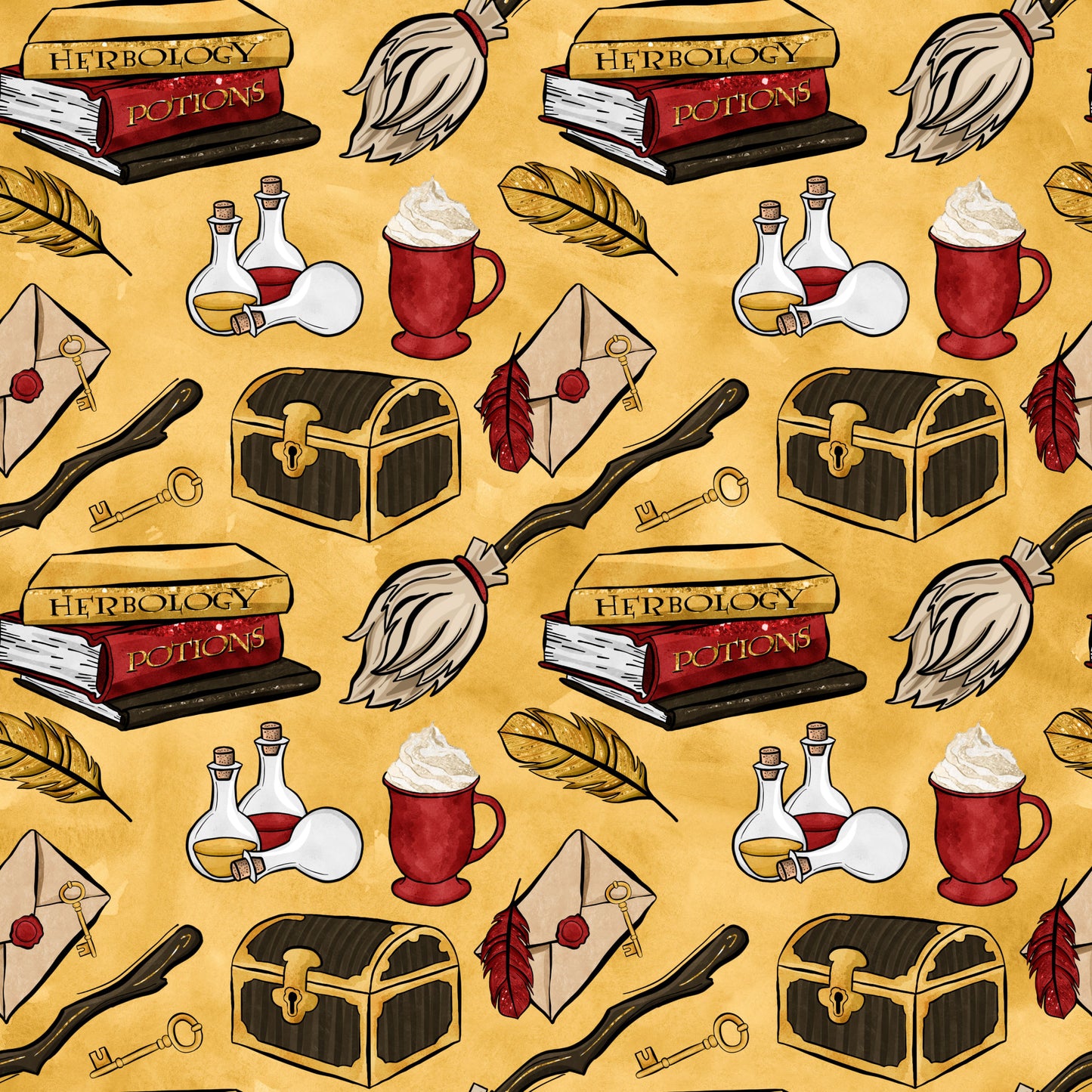 golden yellow background, wizard school theme, magic potions, spell books, herbology textbooks, broomsticks, treasure chests, crystal balls, potion bottles, feather quills, envelope letters, red accents, brown leather, glass vials, whipped cream drinks, magical accessories, fantasy pattern, quilting cotton, repeating motifs, enchanted objects