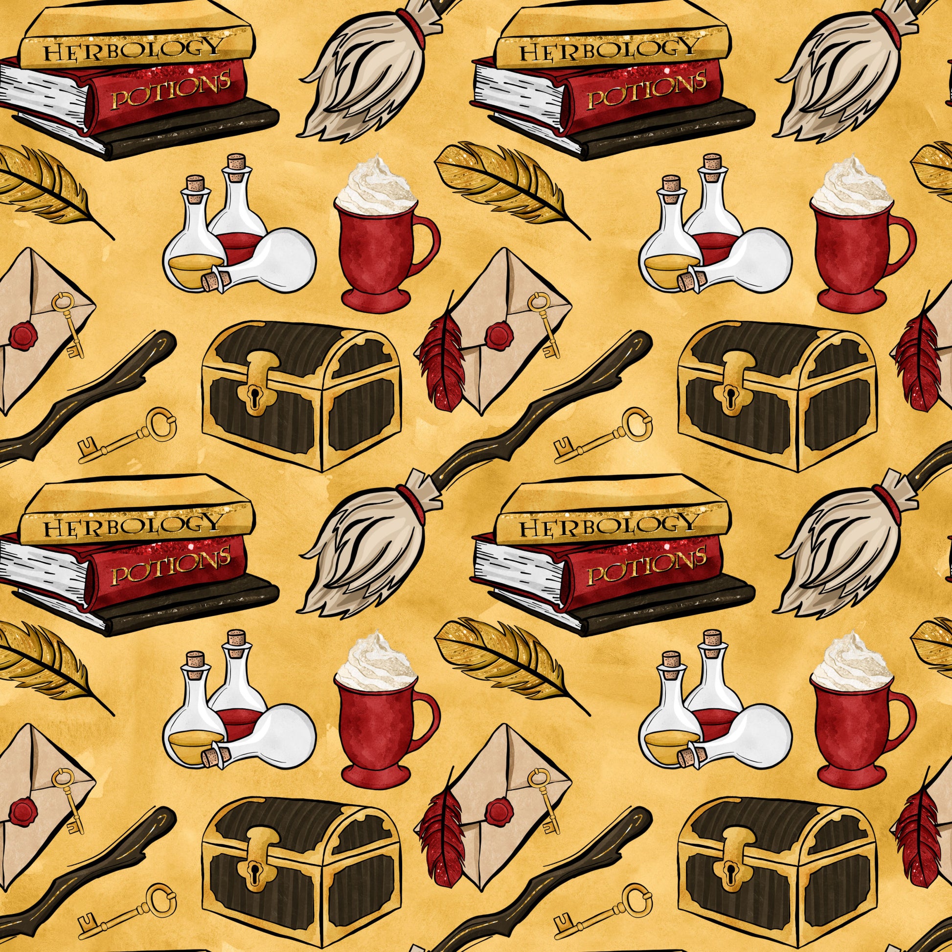 golden yellow background, wizard school theme, magic potions, spell books, herbology textbooks, broomsticks, treasure chests, crystal balls, potion bottles, feather quills, envelope letters, red accents, brown leather, glass vials, whipped cream drinks, magical accessories, fantasy pattern, quilting cotton, repeating motifs, enchanted objects