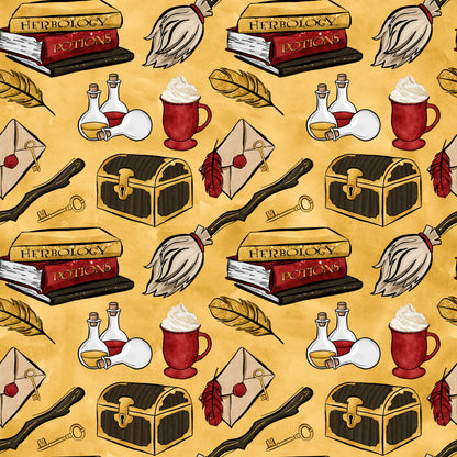 golden yellow background, wizard school theme, magic potions, spell books, herbology textbooks, broomsticks, treasure chests, crystal balls, potion bottles, feather quills, envelope letters, red accents, brown leather, glass vials, whipped cream drinks, magical accessories, fantasy pattern, quilting cotton, repeating motifs, enchanted objects
