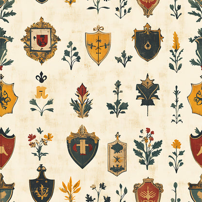 heraldic shields, coat of arms, medieval banners, fleur-de-lis, botanical motifs, leaf patterns, cross symbols, rustic texture, cream background, golden yellow, deep red, forest green, navy blue, ornate frames, vintage style, quilting cotton, fabric panel, european inspired, decorative crests, weathered appearance