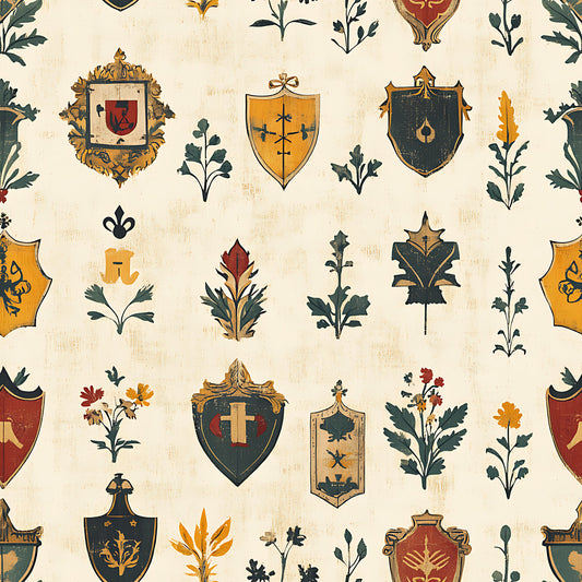 heraldic shields, coat of arms, medieval banners, fleur-de-lis, botanical motifs, leaf patterns, cross symbols, rustic texture, cream background, golden yellow, deep red, forest green, navy blue, ornate frames, vintage style, quilting cotton, fabric panel, european inspired, decorative crests, weathered appearance