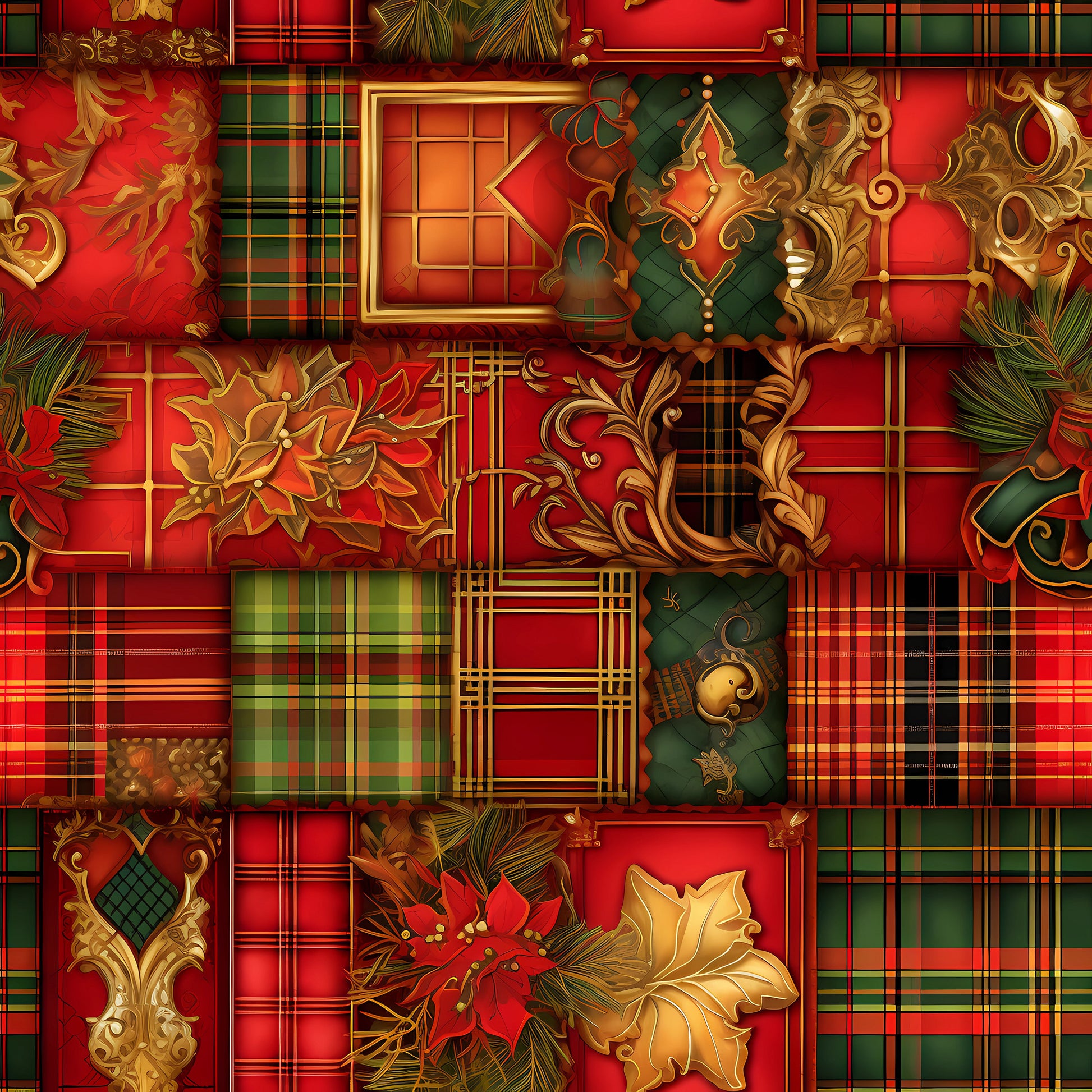 red, green, gold, christmas, quilting cotton, fabric panel, tartan plaid, ornate florals, poinsettia, decorative swirls, holiday motifs, geometric squares, baroque ornaments, festive colors, winter florals, metallic accents, patchwork design, seasonal fabric, ornamental patterns, rich textures