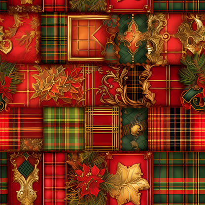 red, green, gold, christmas, quilting cotton, fabric panel, tartan plaid, ornate florals, poinsettia, decorative swirls, holiday motifs, geometric squares, baroque ornaments, festive colors, winter florals, metallic accents, patchwork design, seasonal fabric, ornamental patterns, rich textures