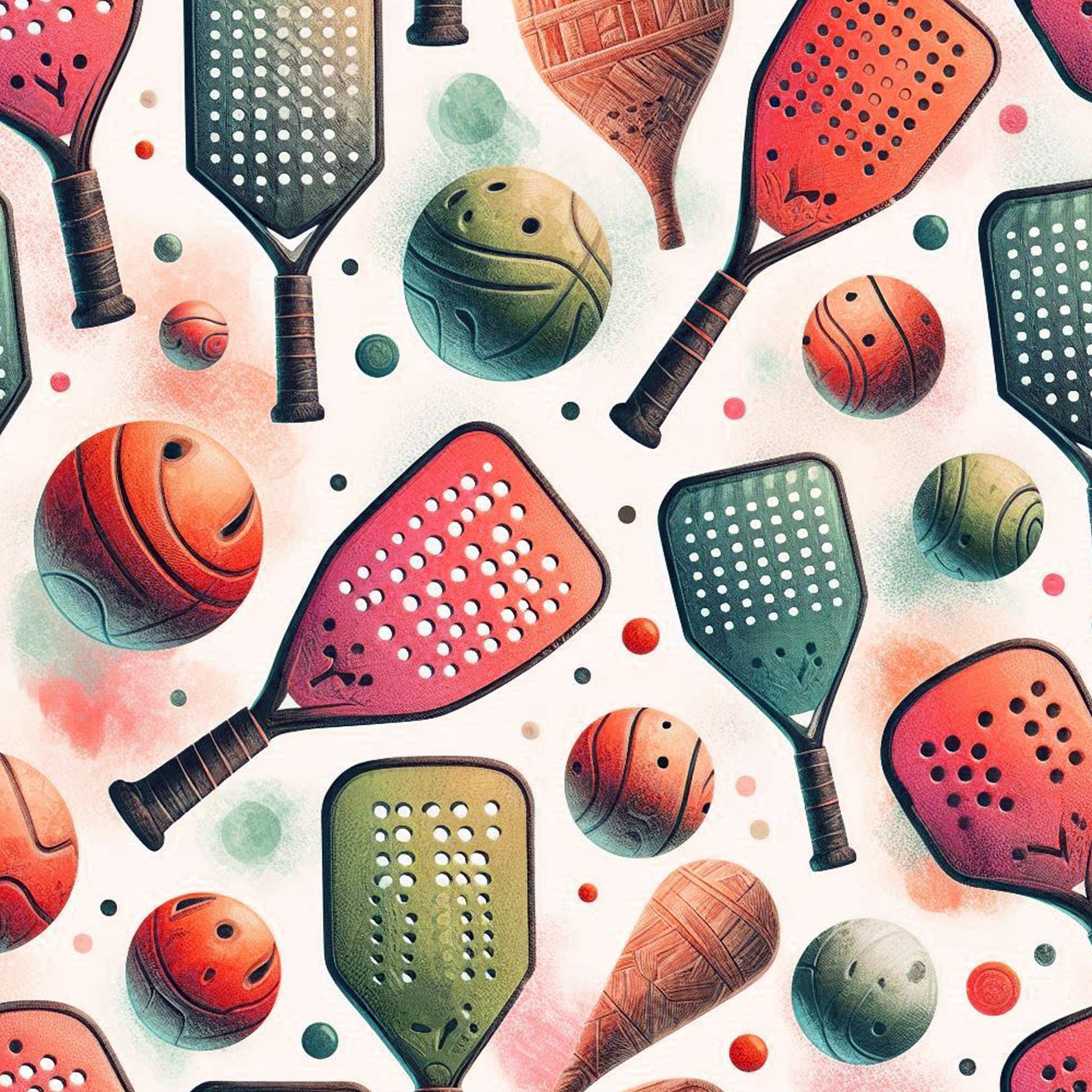 watercolor style, pickleball paddles, sports balls, coral pink, sage green, orange, teal, quilting cotton, fabric panel, athletic theme, paddle sports, geometric holes, wooden handles, soft pastels, scattered pattern, recreational sports, contemporary art, sporting goods, vibrant colors, playful design