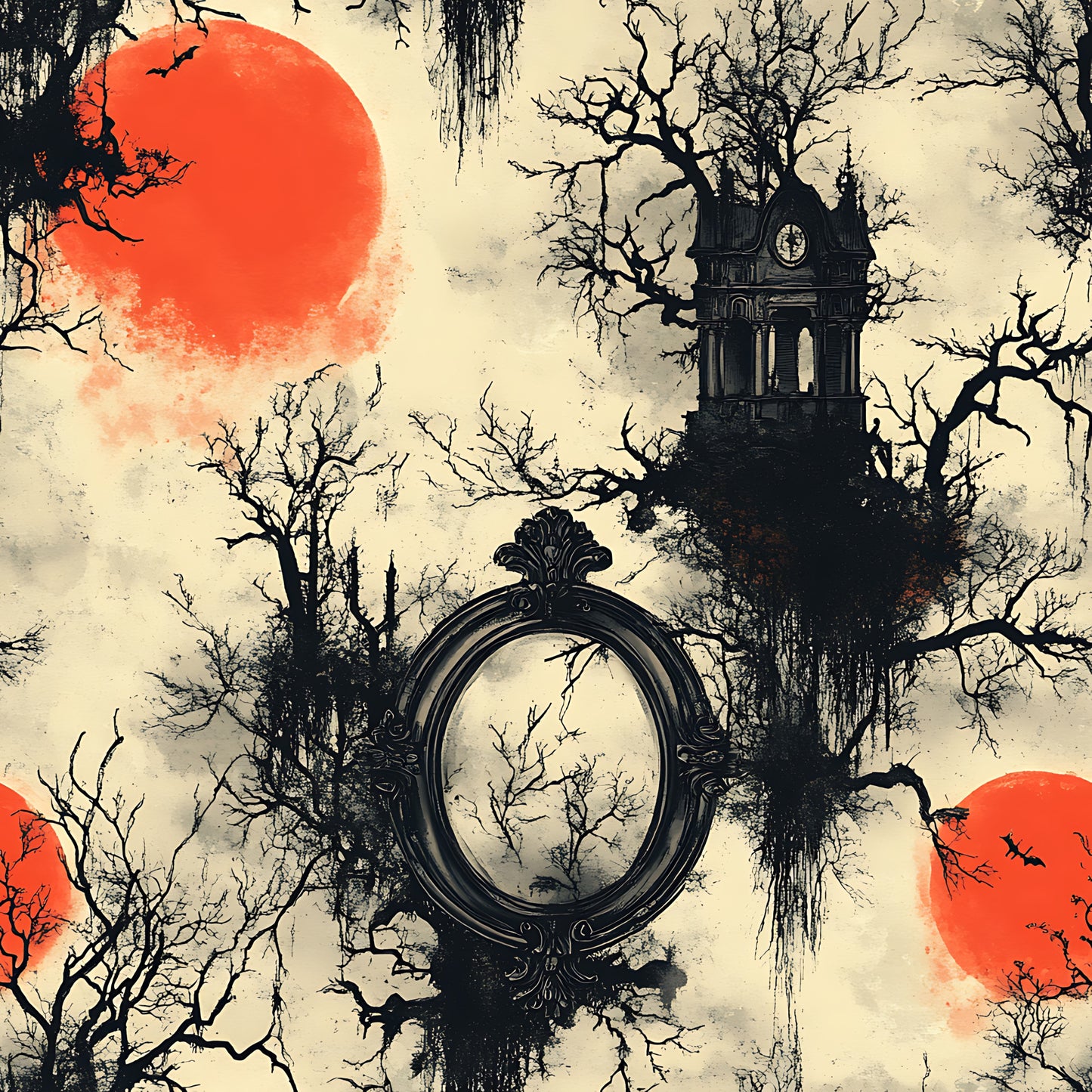 orange sun, red moon, bare trees, gothic tower, ornate mirror, vintage frame, spooky atmosphere, dark silhouettes, cream background, halloween theme, gothic architecture, leafless branches, eerie mood, quilting cotton, fabric panel, autumn colors, haunted manor, mysterious scene, dramatic sky, horror aesthetic